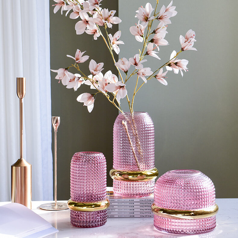 Pink Glass Vase 20cm Home Decor Vase Candle Holder Textured Glass New 